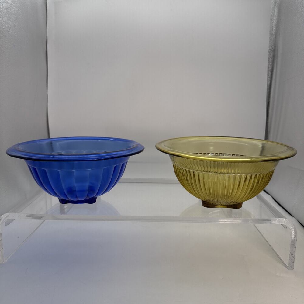 2 Ribbed Mixing Bowl 1930's Glass Hazel-Atlas COBALT BLUE & Federal Yellow